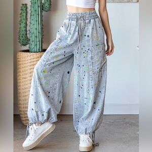 Oli & Hali Washed Striped Paint Splatter Wide Leg Cargo Pants Size XL